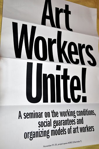 Poster for the Art Workers Unite! seminar which was organised in the context of art workers’ movement in Tallinn. Graphic design by Indrek Sirkel, 2010.